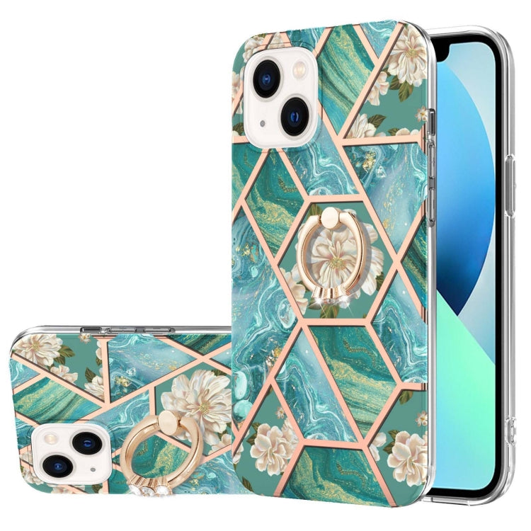 Electroplating Splicing Marble Flower Pattern TPU Shockproof Case with Rhinestone Ring Holder, For iPhone 15 Pro Max, For iPhone 15 Pro, For iPhone 15 Plus, For iPhone 15