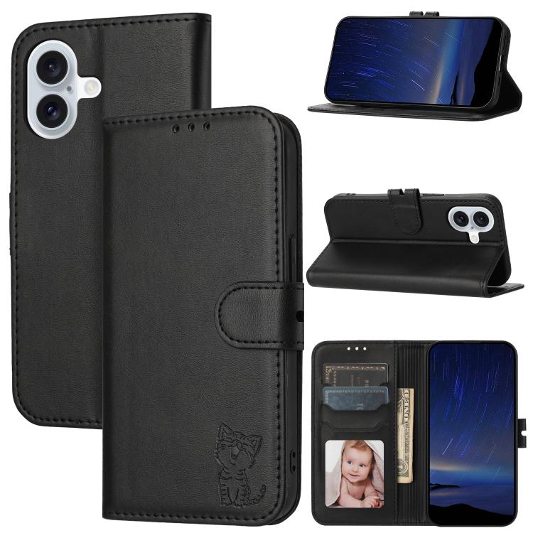 Embossed Happy Cat Pattern Flip Leather Phone Case, For iPhone 17e / 16e, For iPhone 17 Pro Max, For iPhone 17 Pro, For iPhone 17