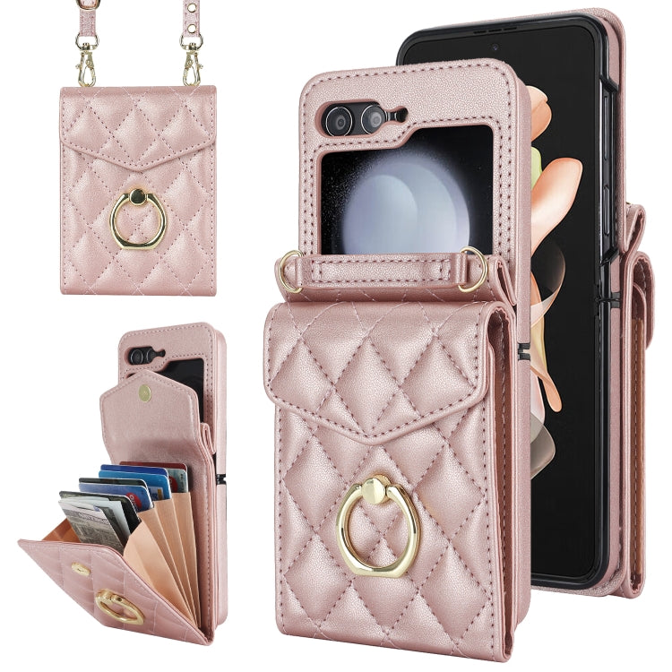 Diamond Lattice RFID Card Slot Phone Case with Ring Holder, For Samsung Galaxy Z Flip7 5G, For Samsung Galaxy Z Flip6 / Flip7 FE, For Samsung Galaxy Z Flip5