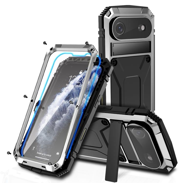 R-JUST Metal + Silicone + Tempered Glass Life Waterproof Phone Case with Holder, For iPhone 18 Pro, For iPhone 18 Pro Max, For iPhone 17 Pro Max, For iPhone 17 Pro, For iPhone 17, For iPhone Air
