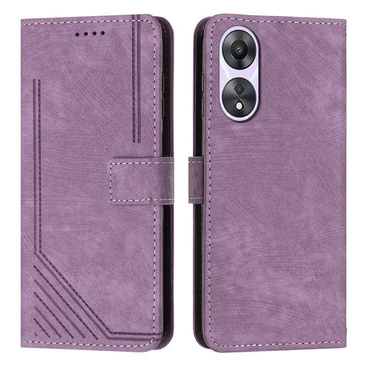 Skin Feel Stripe Pattern Leather Phone Case with Lanyard, For OPPO A58 / A78