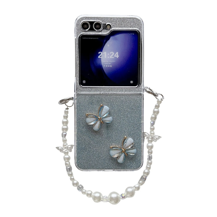Glitter Powder 3D Butterfly PC Side Buckle Full Coverage Shockproof Phone Case with Pearl Bracelet, For Samsung Galaxy Z Flip6 / Flip7 FE, For Samsung Galaxy Z Flip5 5G