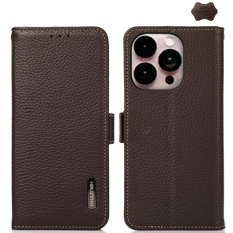 KHAZNEH Side-Magnetic Litchi Genuine Leather RFID Case, For iPhone 16e / 17e, For iPhone 17 Pro Max, For iPhone 17 Pro, For iPhone 17, For iPhone Air, For iPhone 16 Pro Max