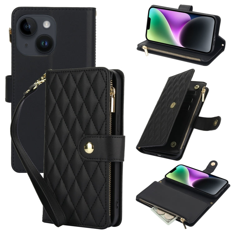 YM016 Rhombic Zipper Card Wallet Leather Phone Case with Lanyard, For iPhone 15, For iPhone 14 Plus, For iPhone 14