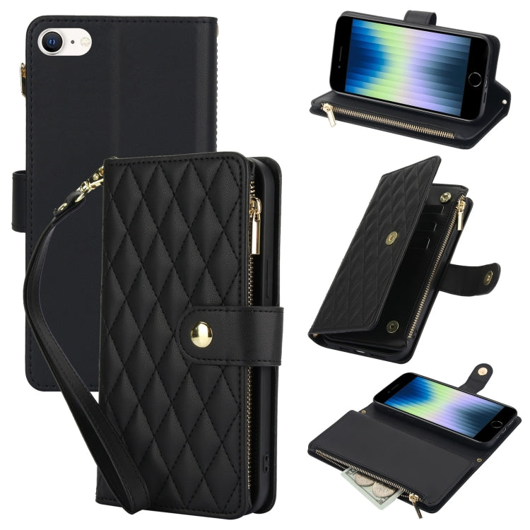 YM016 Rhombic Zipper Card Wallet Leather Phone Case with Lanyard, For iPhone 14 Pro, For iPhone 14 Pro Max, For iPhone SE 2022 / SE 2020 / 8