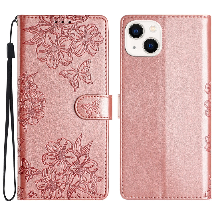 Cherry Blossom Butterfly Skin Feel Embossed PU Phone Case, For iPhone 15, For iPhone 14 Plus, For iPhone 14