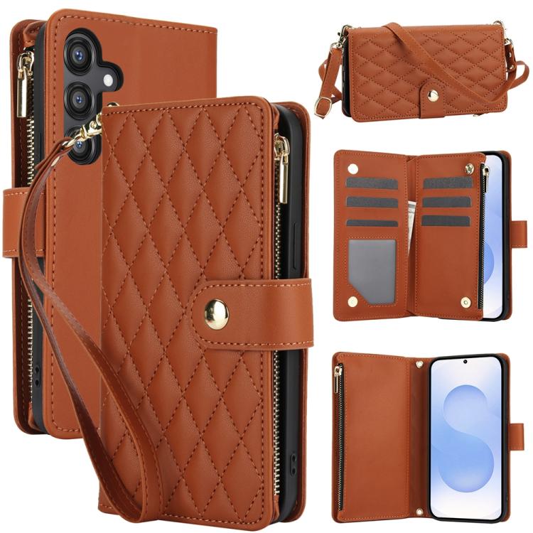 YM016 Rhombic Zipper Card Wallet Leather Phone Case with Lanyard
