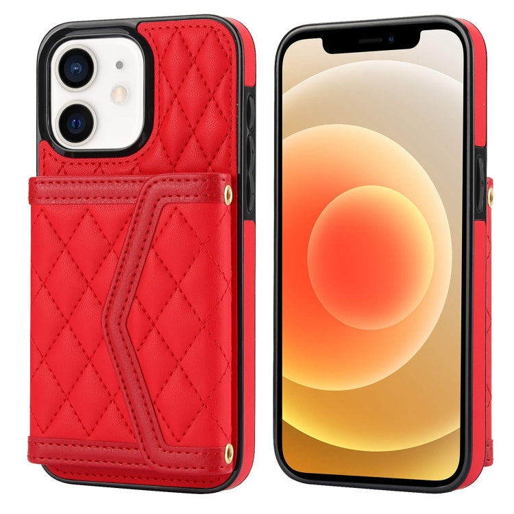 Splicing Rhombic Texture Card Bag Phone Case with Long Lanyard, For iPhone 13 Pro Max, For iPhone 13 Pro, For iPhone 13 mini, For iPhone 12 / 12 Pro