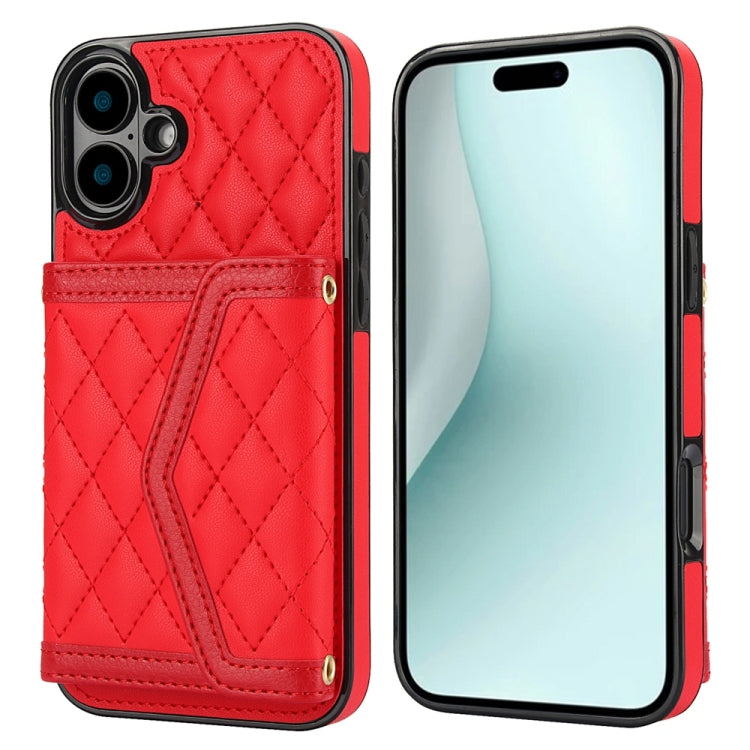 Splicing Rhombic Texture Card Bag Phone Case with Long Lanyard, For iPhone Air, For iPhone 16 Pro Max, For iPhone 16 Pro, For iPhone 16 Plus