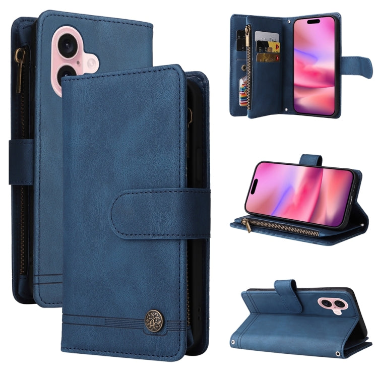 Skin Feel Multi-Card Wallet Zipper Leather Phone Case, For iPhone 16 Pro Max, For iPhone 16 Pro, For iPhone 16 Plus, For iPhone 16