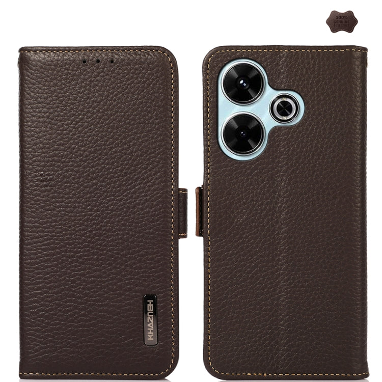 KHAZNEH Side-Magnetic Litchi Genuine Leather RFID Phone Case, For Redmi Note 14 5G, For Redmi Note 14 Pro 5G, For Redmi 14C 4G, For Redmi 13 4G