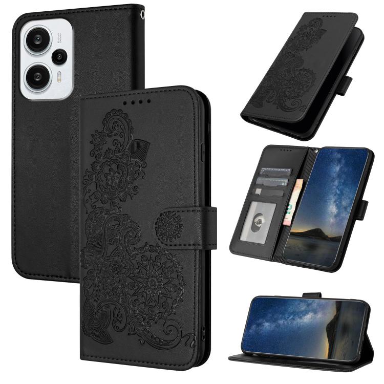 Datura Flower Embossed Flip Leather Phone Case, For Redmi Turbo 3 / Poco F6, For Redmi Note 13R Pro / Poco X6 Neo, For Redmi Note 12 Turbo / Poco F5