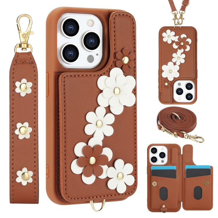 Crossbody Flower Pattern Leather Phone Case, For iPhone 15, For iPhone 14 / 13, For iPhone 14 Pro, For iPhone 14 Pro Max