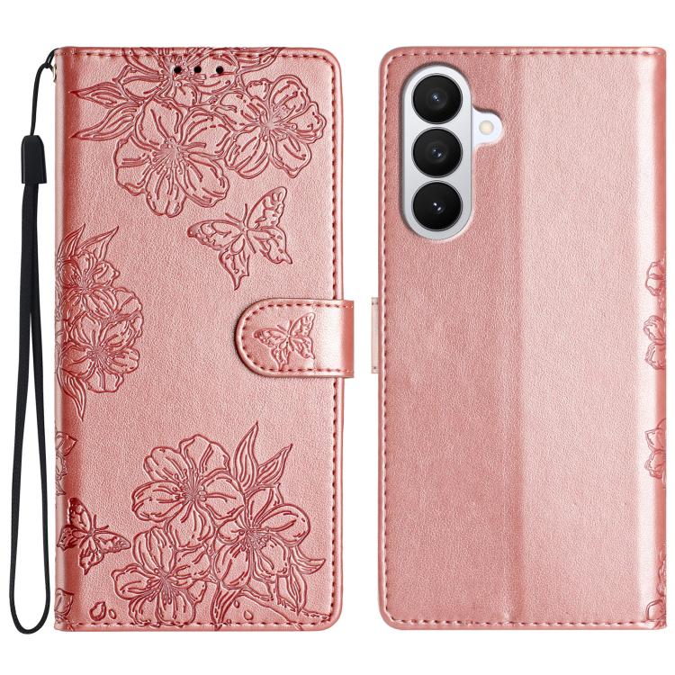 Cherry Blossom Butterfly Skin Feel Embossed PU Phone Case, For Samsung Galaxy S26 Edge 5G, For Samsung Galaxy S26 Ultra 5G, For Samsung Galaxy S26 5G