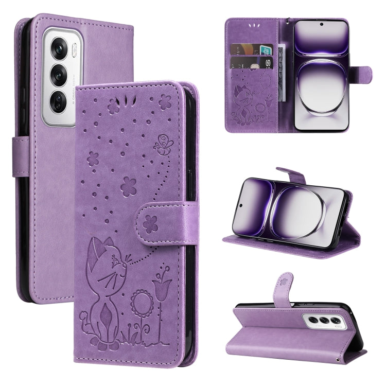 Cat and Bee Embossed Flip Leather Phone Case, For OPPO A5 Pro 5G Global, For OPPO Reno12 Pro 5G Global, For OPPO Reno12 5G Global