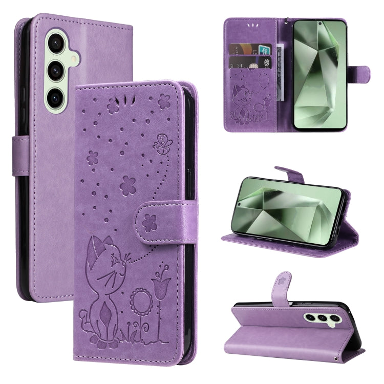 Cat and Bee Embossed Flip Leather Phone Case, For Samsung Galaxy S24 FE 5G