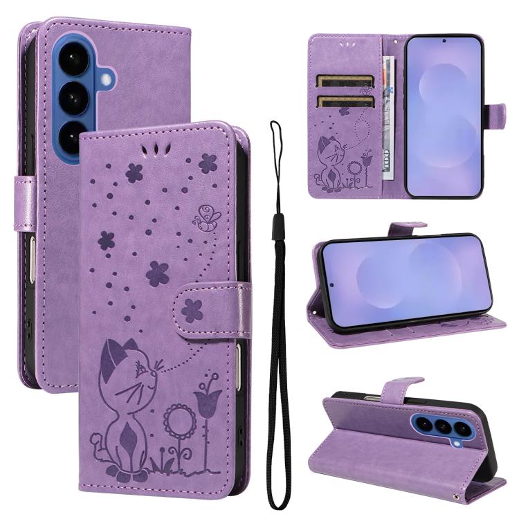 Cat and Bee Embossed Flip Leather Phone Case, For Samsung Galaxy S26+ 5G, For Samsung Galaxy S26 Edge 5G, For Samsung Galaxy S26 Ultra 5G, For Samsung Galaxy S26 5G