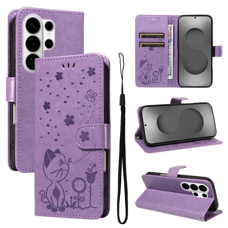Cat and Bee Embossed Flip Leather Phone Case, For Galaxy S26 FE 5G, For Galaxy S26+ 5G, For Galaxy S26 Edge 5G, For Galaxy S26 Ultra 5G