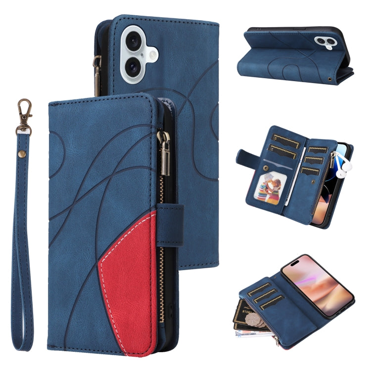 Dual-color 9 Card Slots Zipper Wallet Leather Phone Case, For iPhone Air, For iPhone 16 Pro Max, For iPhone 16 Pro, For iPhone 16 Plus