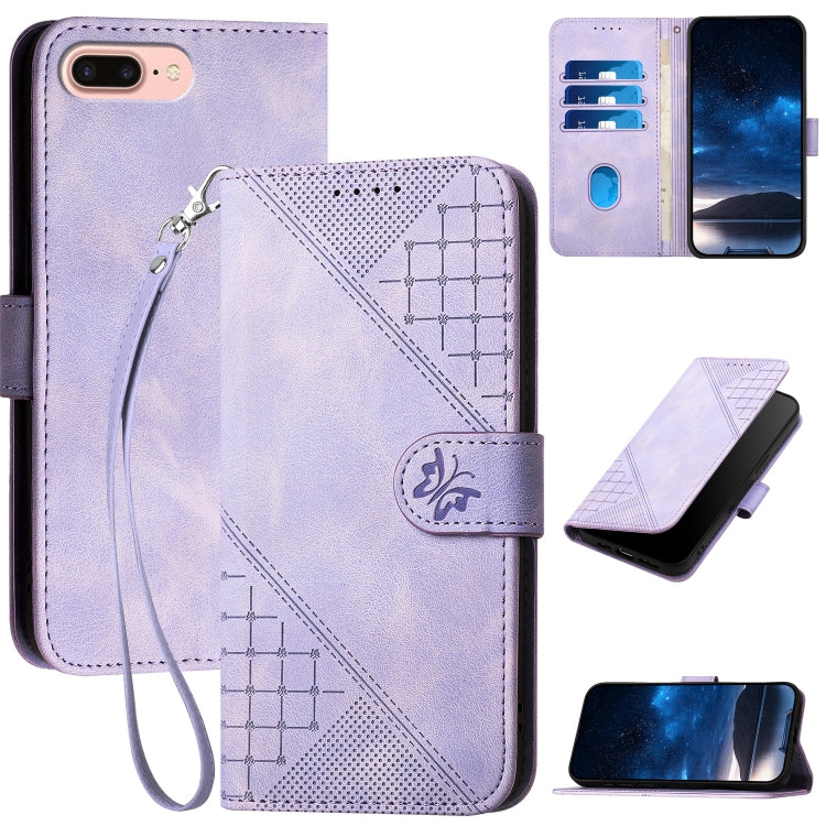 YX0080 Grid Butterfly Embossed Pattern Flip Leather Phone Case with Lanyard, For iPhone XS / X, For iPhone XR, For iPhone XS Max, For iPhone 8 Plus / 7 Plus