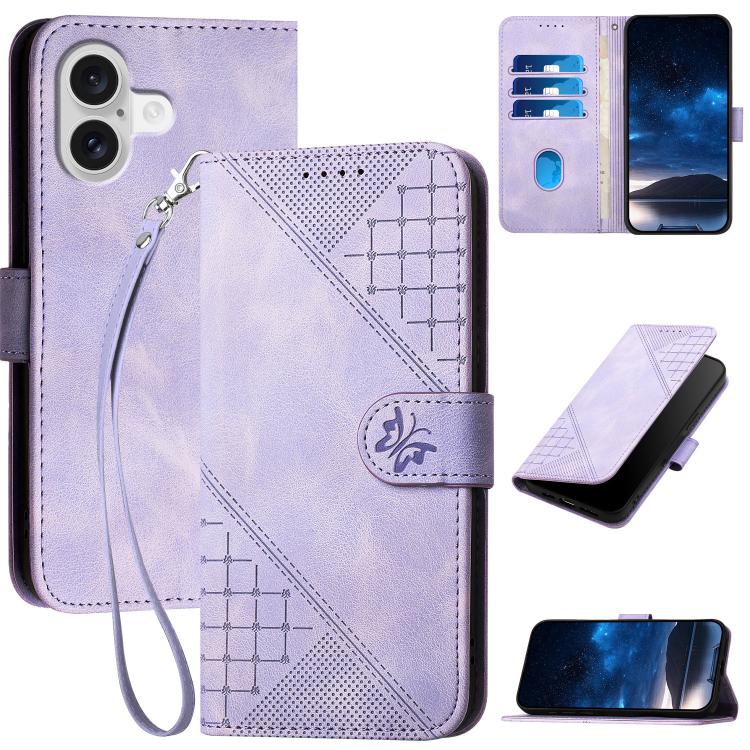 YX0080 Grid Butterfly Embossed Pattern Flip Leather Phone Case with Lanyard, For iPhone 17e / 16e, For iPhone 17 Pro Max, For iPhone 17 Pro, For iPhone 17