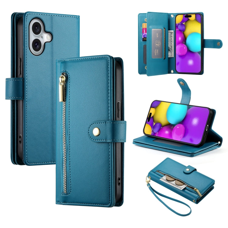Nine Card-slot Zipper Wallet Bag Leather Phone Case, For iPhone Air, For iPhone 16 Pro Max, For iPhone 16 Pro, For iPhone 16 Plus