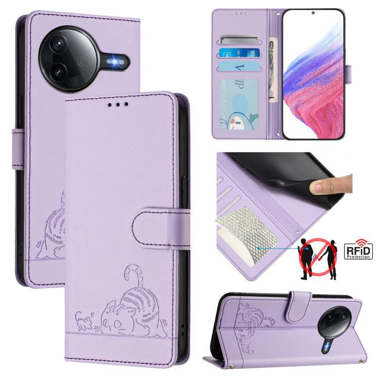 Cat Rat Embossed Pattern RFID Leather Phone Case with Lanyard, For Redmi 15 5G / 4G EU 171mm, For Redmi 13x 4G / 13 4G Global, For Redmi A5 4G 171.7mm / Poco C71, For Redmi K80 / K80 Pro
