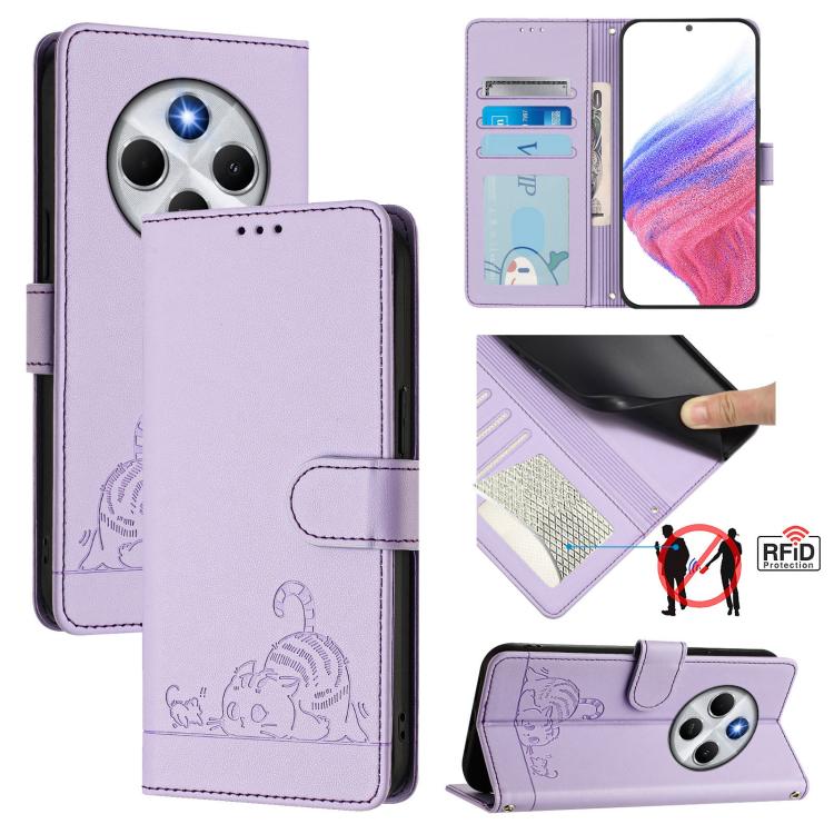 Cat Rat Embossed Pattern RFID Leather Phone Case with Lanyard, For Xiaomi 15T 5G, For Xiaomi Civi 5 Pro 5G, For Xiaomi 15S Pro 5G, For Xiaomi Poco M7 5G / C75 4G