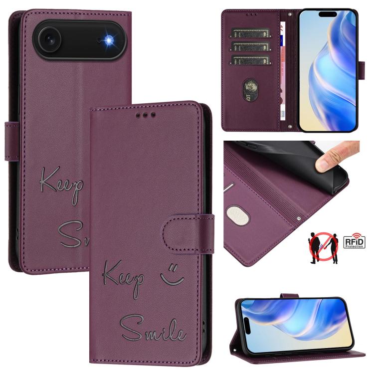 Smile Embossing RFID Leather Phone Case, For iPhone 17 Pro Max, For iPhone 17 Pro, For iPhone 17, For iPhone Air
