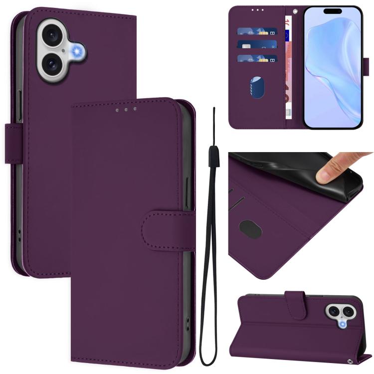 Skin Feel Solid Color Leather Phone Case with Lanyard, For iPhone 17