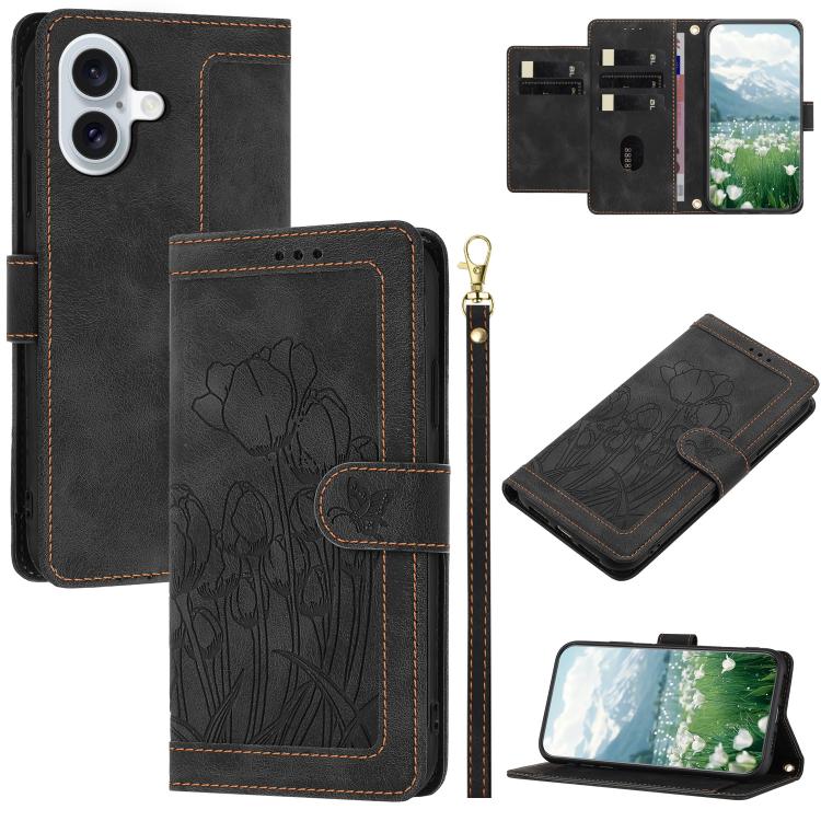 Tulips Embossed Leather Phone Case with Lanyard, For iPhone 17e / 16e, For iPhone 17 Pro Max, For iPhone 17 Pro, For iPhone 17