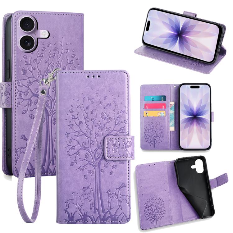 Tree & Deer Embossed Leather Phone Case, For iPhone 17e / 16e, For iPhone 17 Pro Max, For iPhone 17 Pro, For iPhone 17