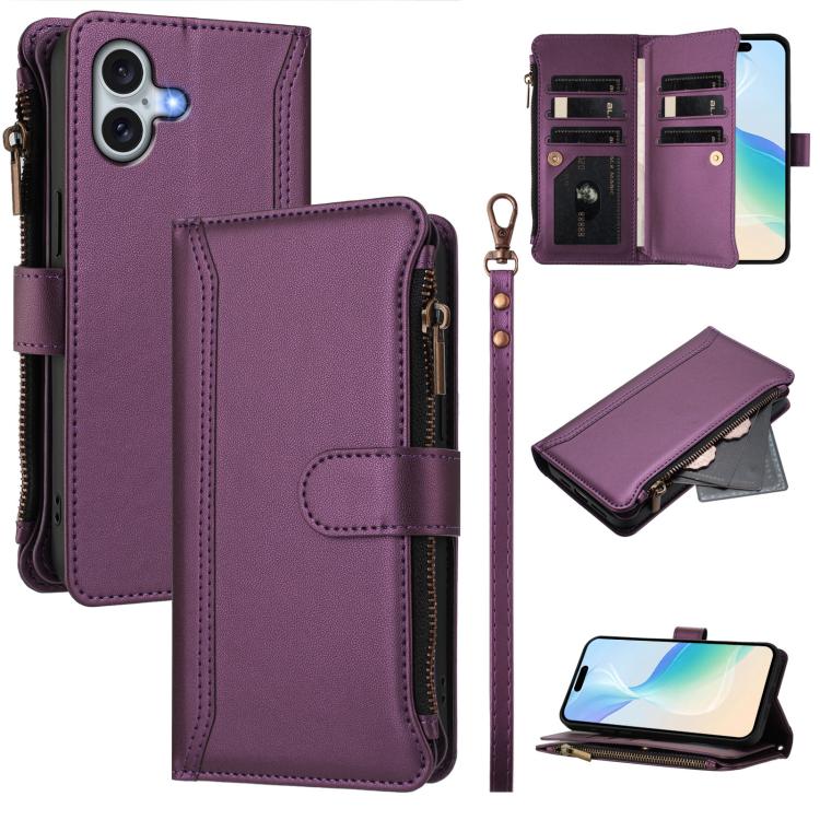 Magnetic Closure 9 Card Slots Zipper Leather Case with Hand Strap
