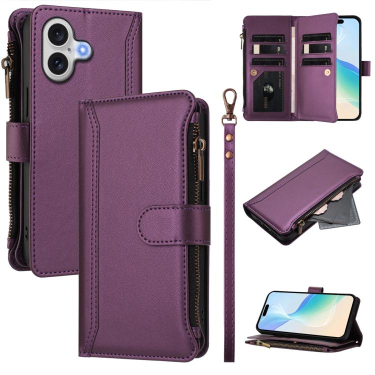 Magnetic Closure 9 Card Slots Zipper Leather Case with Hand Strap, For iPhone 17e / 16e, For iPhone 17 Pro Max, For iPhone 17 Pro, For iPhone 17
