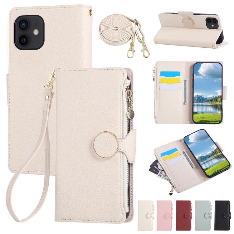 Round Buckle Zipper Wallet Leather Phone Case with Crossbody Strap