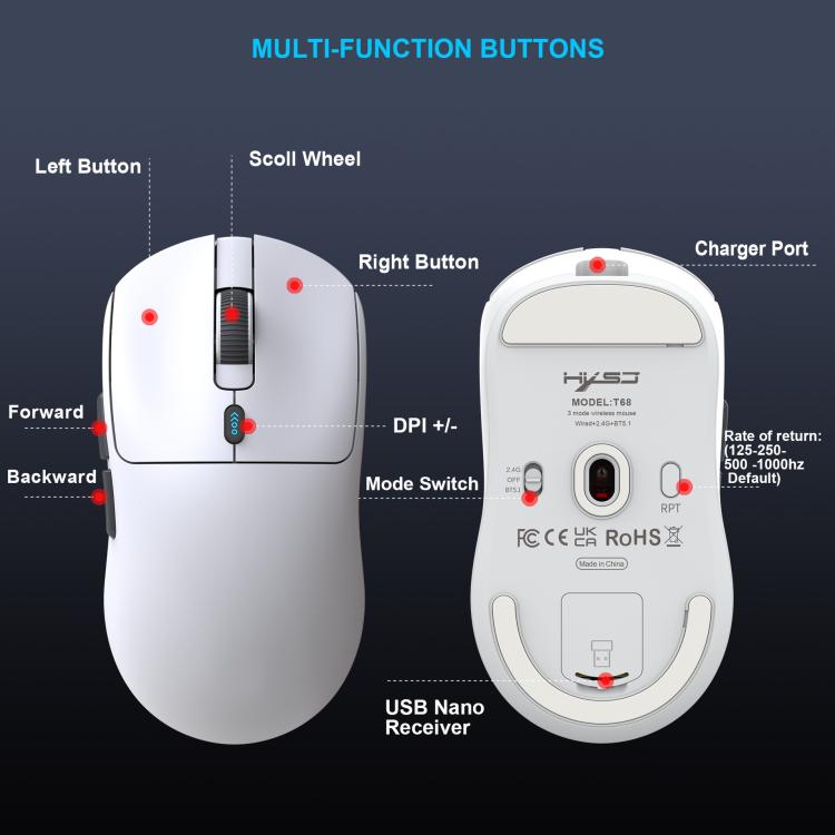 HXSJ T68 3 Modes Wired 2.4G BT5.1 Wireless Lightweight Gaming Mouse, T68
