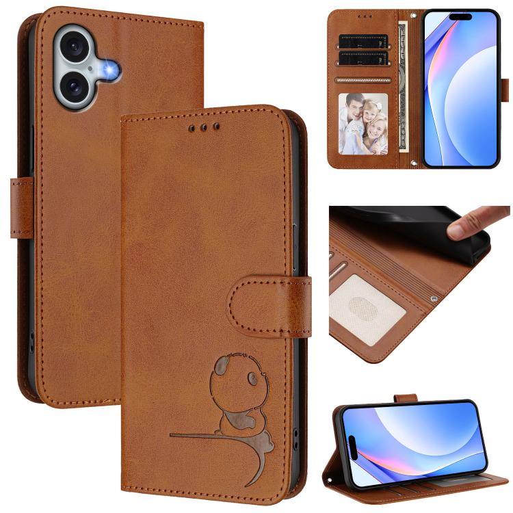 Litter Panda Embossing RFID Leather Phone Case with Lanyard, For iPhone Air, For iPhone 16 Pro Max, For iPhone 16 Pro, For iPhone 16 Plus