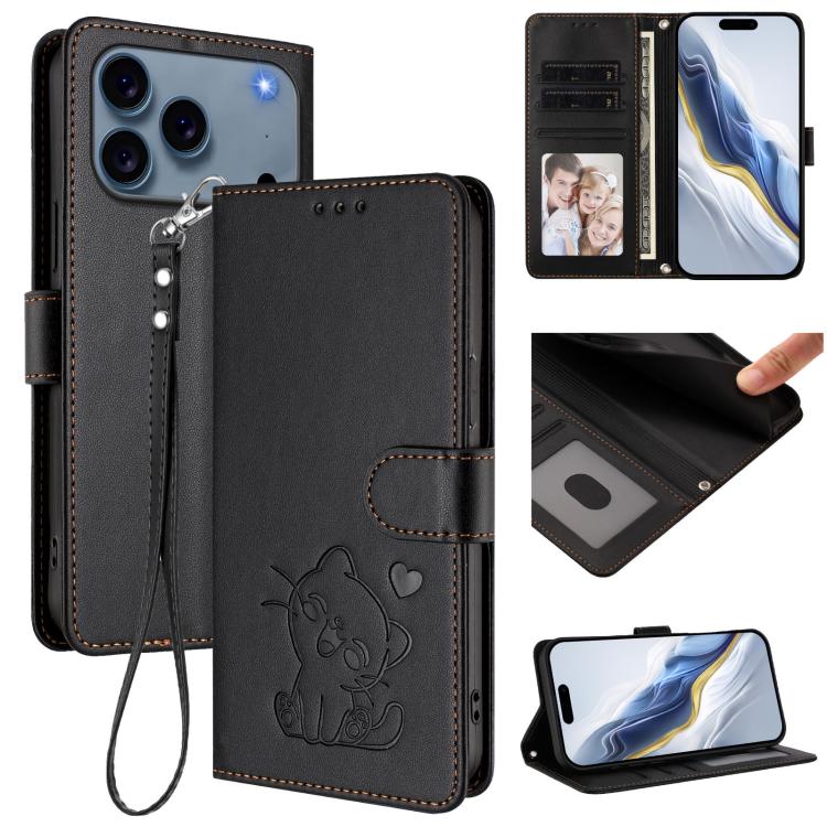 Embossed Heart Cat Leather Phone Case with Hand Strap, For iPhone 17e / 16e, For iPhone 17 Pro Max