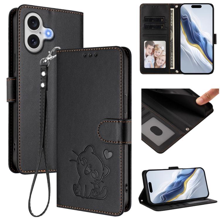Embossed Heart Cat Leather Phone Case with Hand Strap, For iPhone 17e / 16e, For iPhone 17