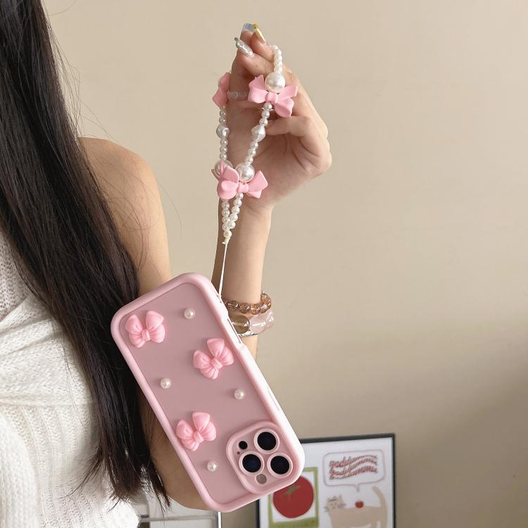 Soft Silicone 3D Bowknot Pearl Phone Case with Beaded Wrist Strap, For iPhone 15 Pro, For iPhone 15, For iPhone 14, For iPhone 14 Pro, For iPhone 14 Pro Max