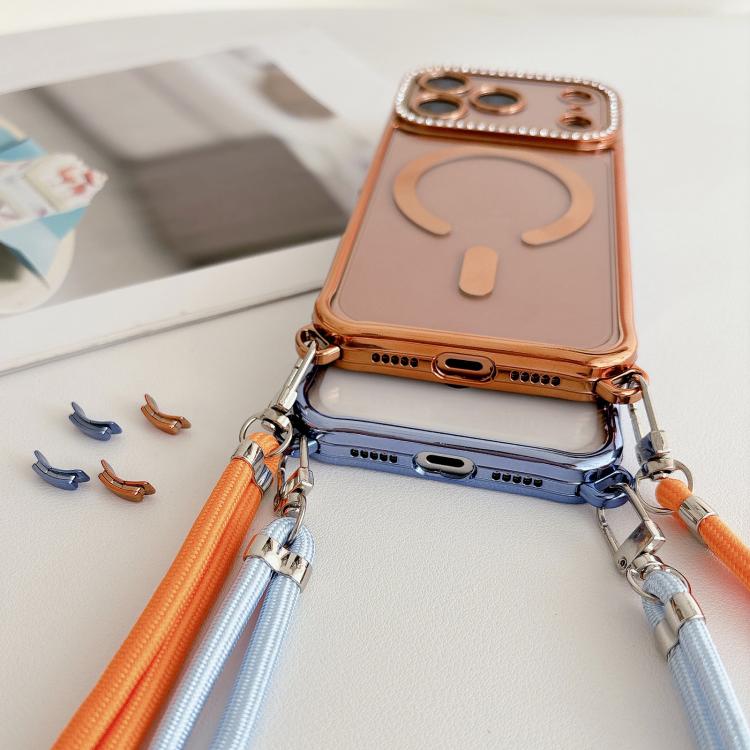 Rhinestone Clear Acrylic Electroplated Magnetic Phone Case with Neck Lanyard, For iPhone 15 Pro Max, For iPhone 15 Pro, For iPhone 15 Plus / 14 Plus, For iPhone 15