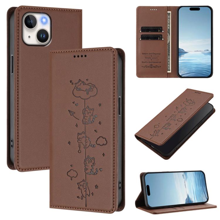 Cute Cats Embossed Magnetic RFID Vegan Leather Phone Case, For iPhone 15, For iPhone 14 Plus