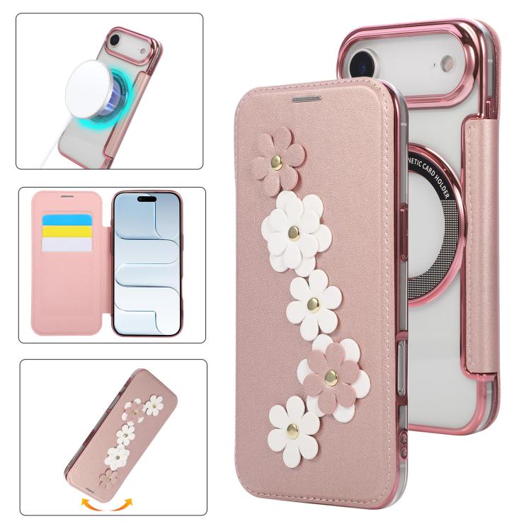 Floral Magnetic Electroplated Card Holder Vegan Leather Phone Case, For iPhone 17 Pro Max, For iPhone 17 Pro, For iPhone 17, For iPhone Air