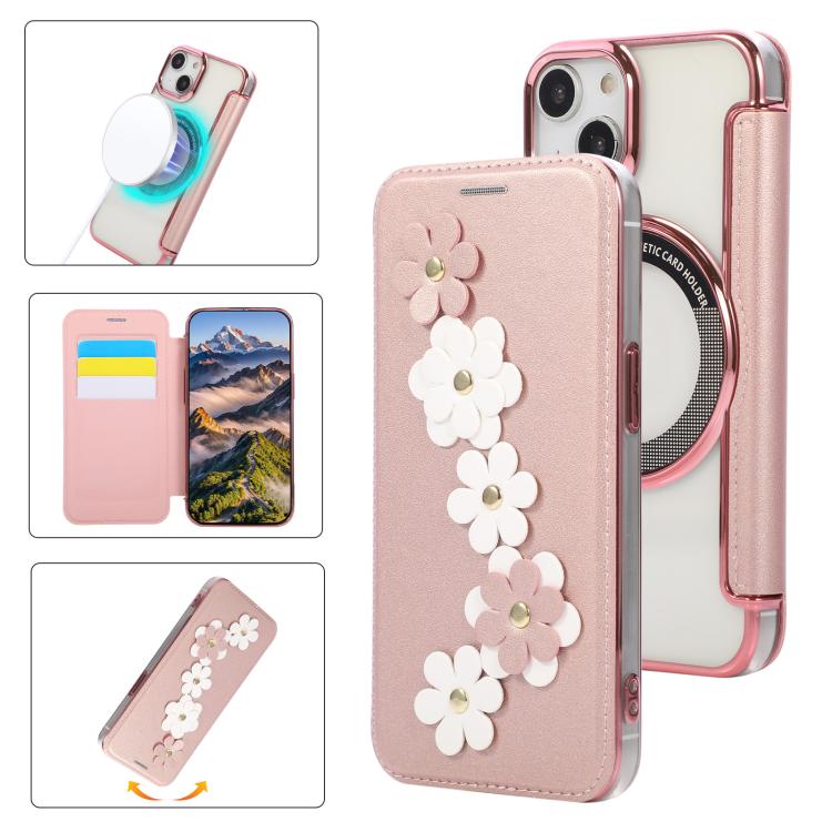 Floral Magnetic Electroplated Card Holder Vegan Leather Phone Case, For iPhone 15 Pro Max, For iPhone 15 Pro, For iPhone 14 Plus / 15 Plus, For iPhone 13 / 14