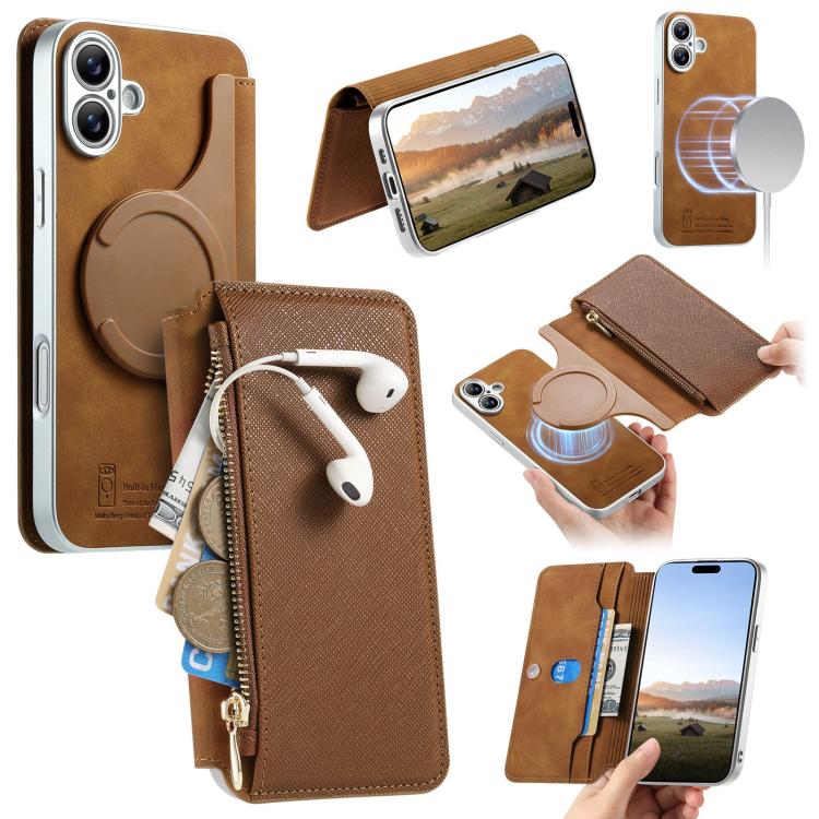 CaseNeo Precision Hole Silver-Edged Magnetic Zipper Wallet Cross-Grain Vegan Leather Phone Case, For iPhone 16 Pro, For iPhone 16 Plus, For iPhone 16