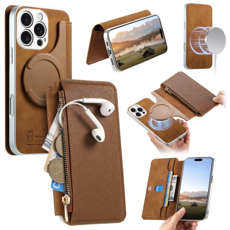 CaseNeo Precision Hole Silver-Edged Magnetic Zipper Wallet Cross-Grain Vegan Leather Phone Case, For iPhone 18 / 17, For iPhone 17e / 16e, For iPhone 16 Pro Max