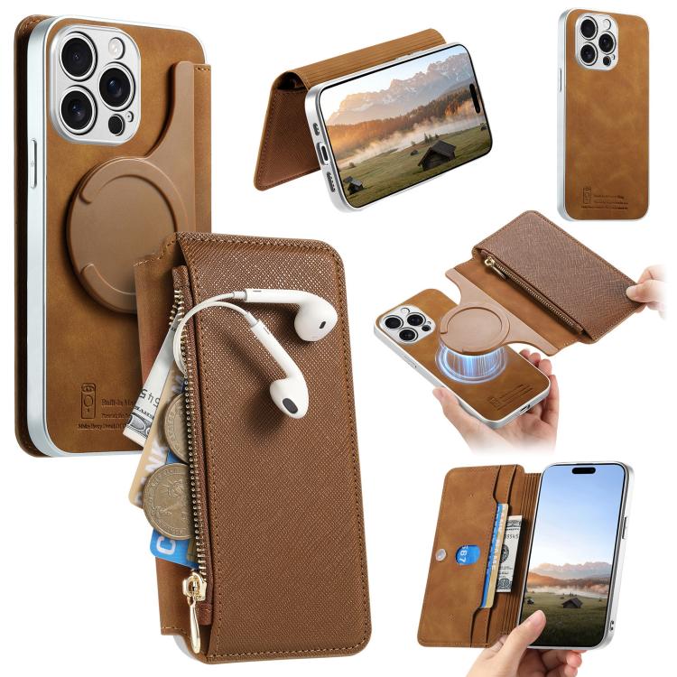 CaseNeo Precision Hole Silver-Edged Magnetic Zipper Wallet Cross-Grain Vegan Leather Phone Case, For iPhone 15, For iPhone 14, For iPhone 14 Pro