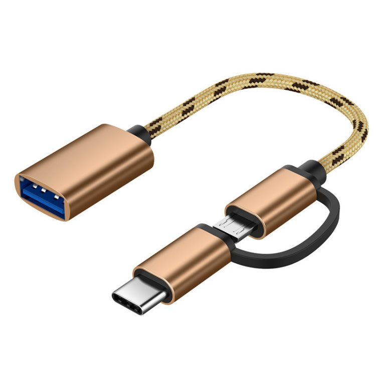USB 3.0 Female to Micro USB + USB-C / Type-C Male Charging + Transmission OTG Nylon Braided Adapter Cable, Cable Length: 17cm, Micro USB 17cm Grey, Micro USB 17cm Gold