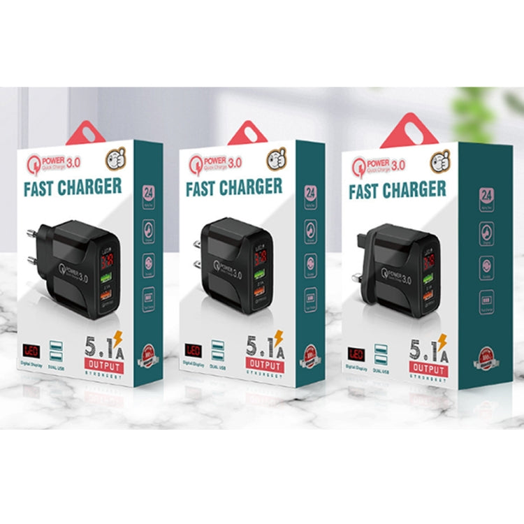 F002C QC3.0 USB + USB 2.0 LED Digital Display Fast Charger with USB to Type-C Data Cable, UK Plug, UK Plug + Type-C Cable