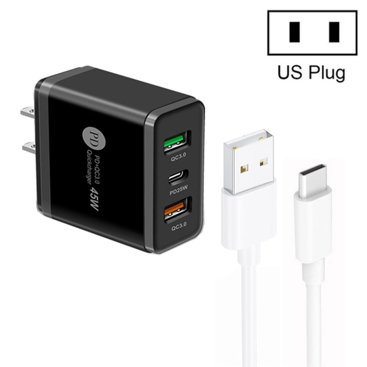 45W PD25W + 2 x QC3.0 USB Multi Port Charger with USB to Type-C Cable, US Plug, US Plug + USB to Type-C Cable